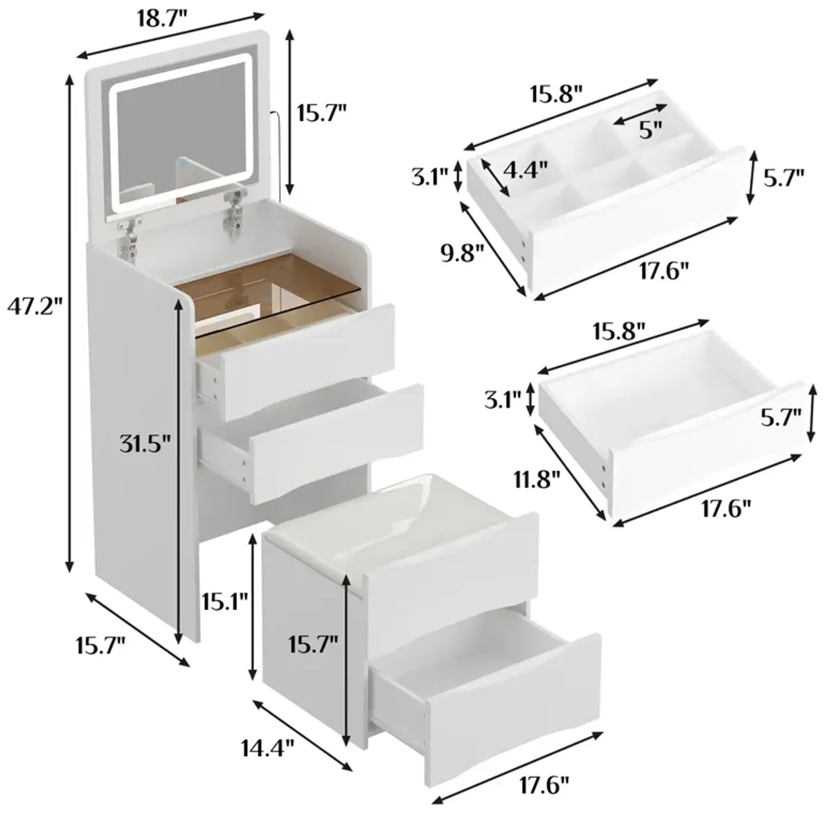 18.7'' Wide Makeup Vanity Table with Flip Top Lighted, Storage Makeup Stool