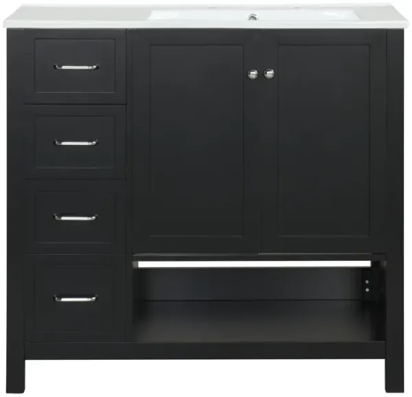 Whisen Bathroom Vanity with Sink, Freestanding Vanity with Drawers, cabinet and Open shelf - Black