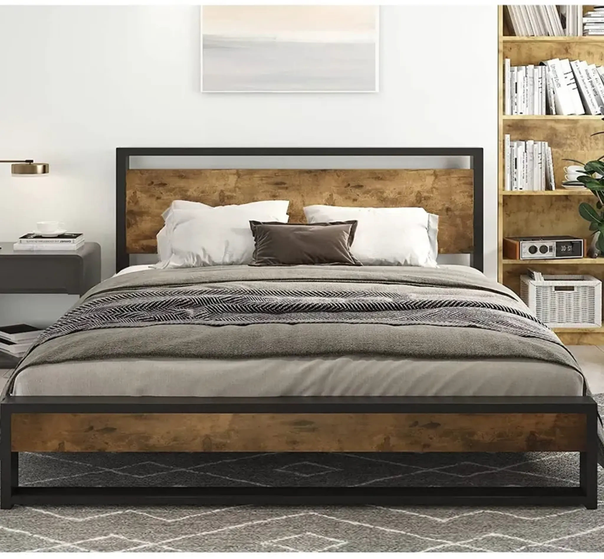 Hivvago Queen Modern Farmhouse Platform Bed Frame with Wood Panel ...