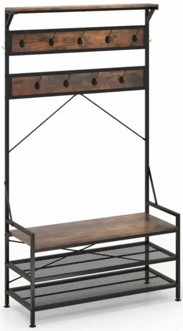 Hivvago Coat Rack 4-In-1 Hall Tree with 11 Hanging Hooks Shoe Bench