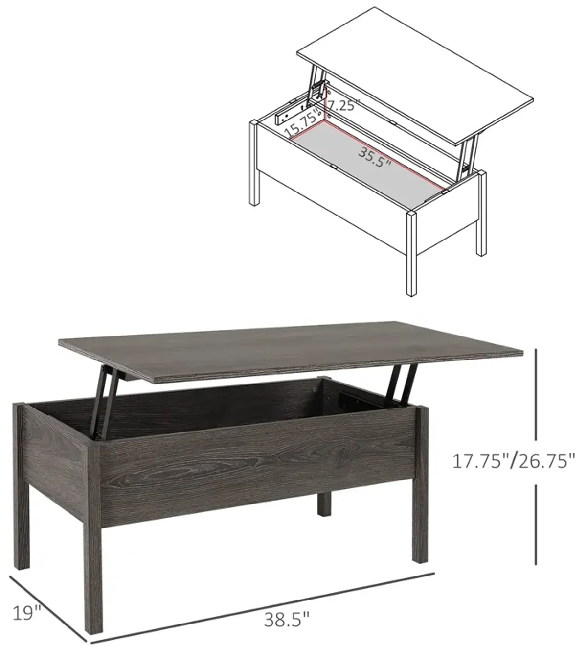 Chic Storage Surface: Light Grey Woodgrain Lift Top Coffee Table