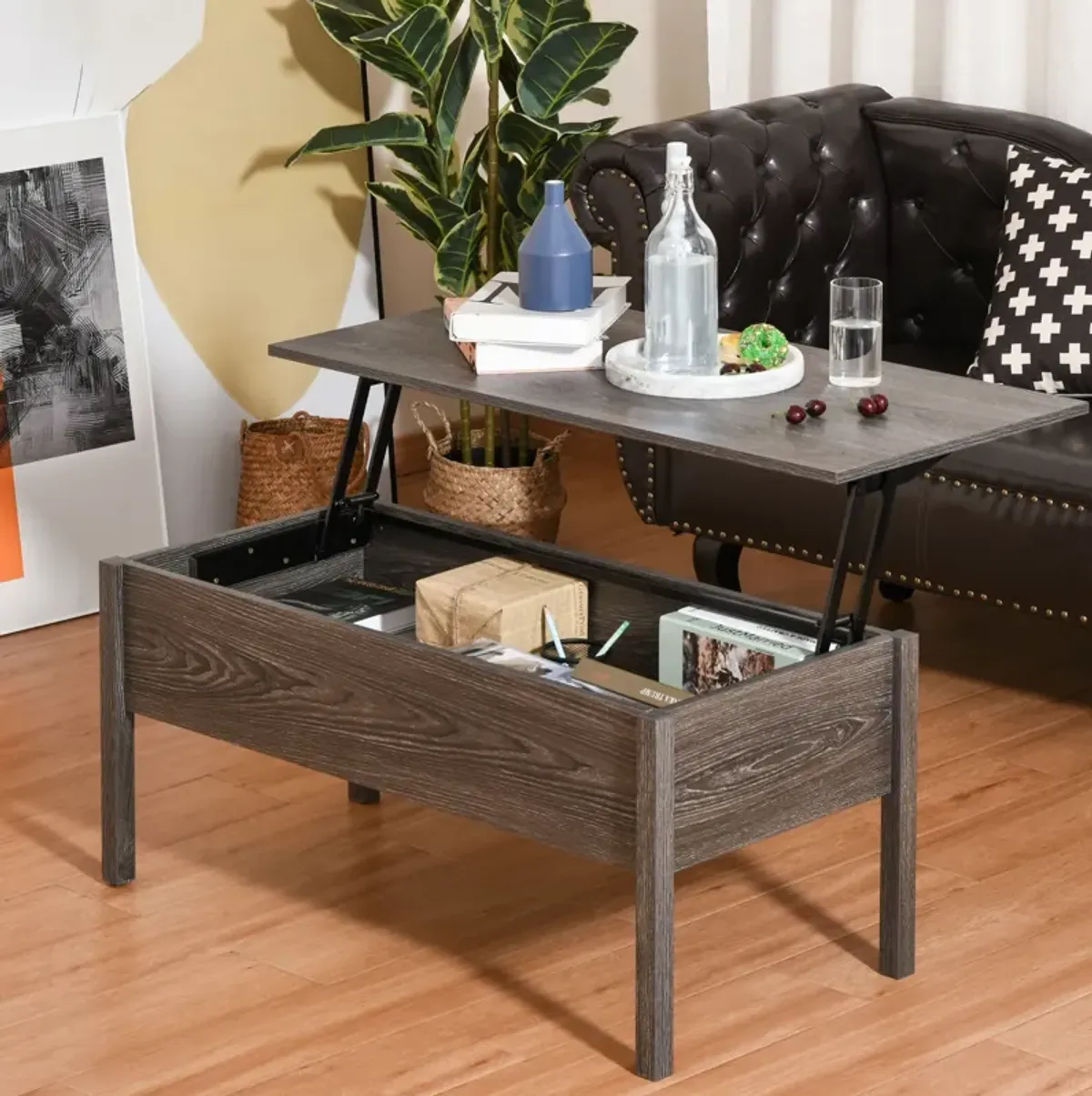 Chic Storage Surface: Light Grey Woodgrain Lift Top Coffee Table