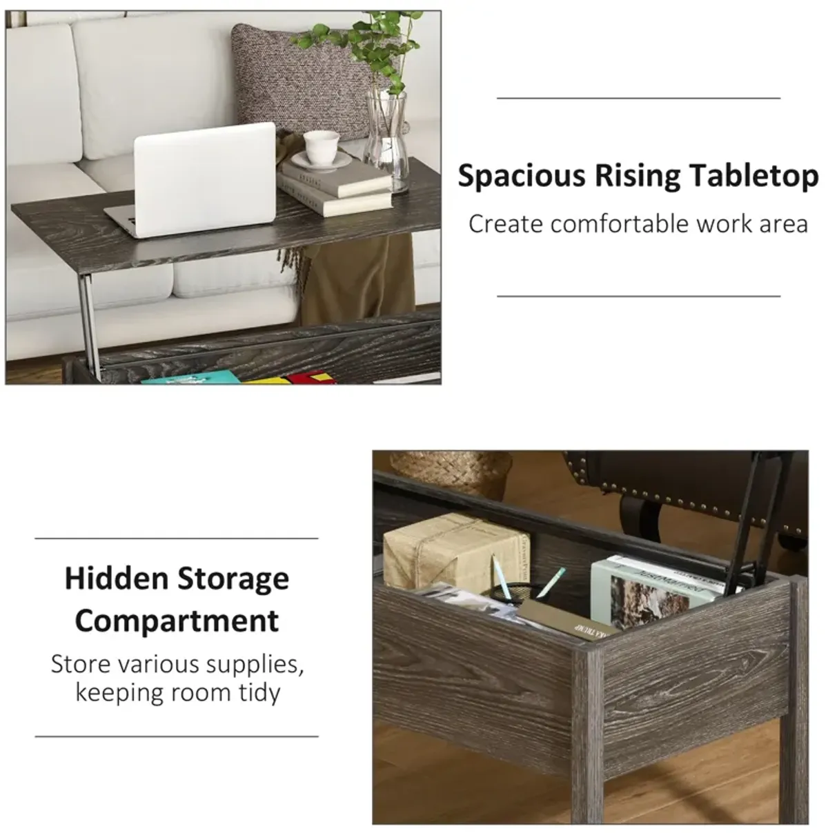 Chic Storage Surface: Light Grey Woodgrain Lift Top Coffee Table