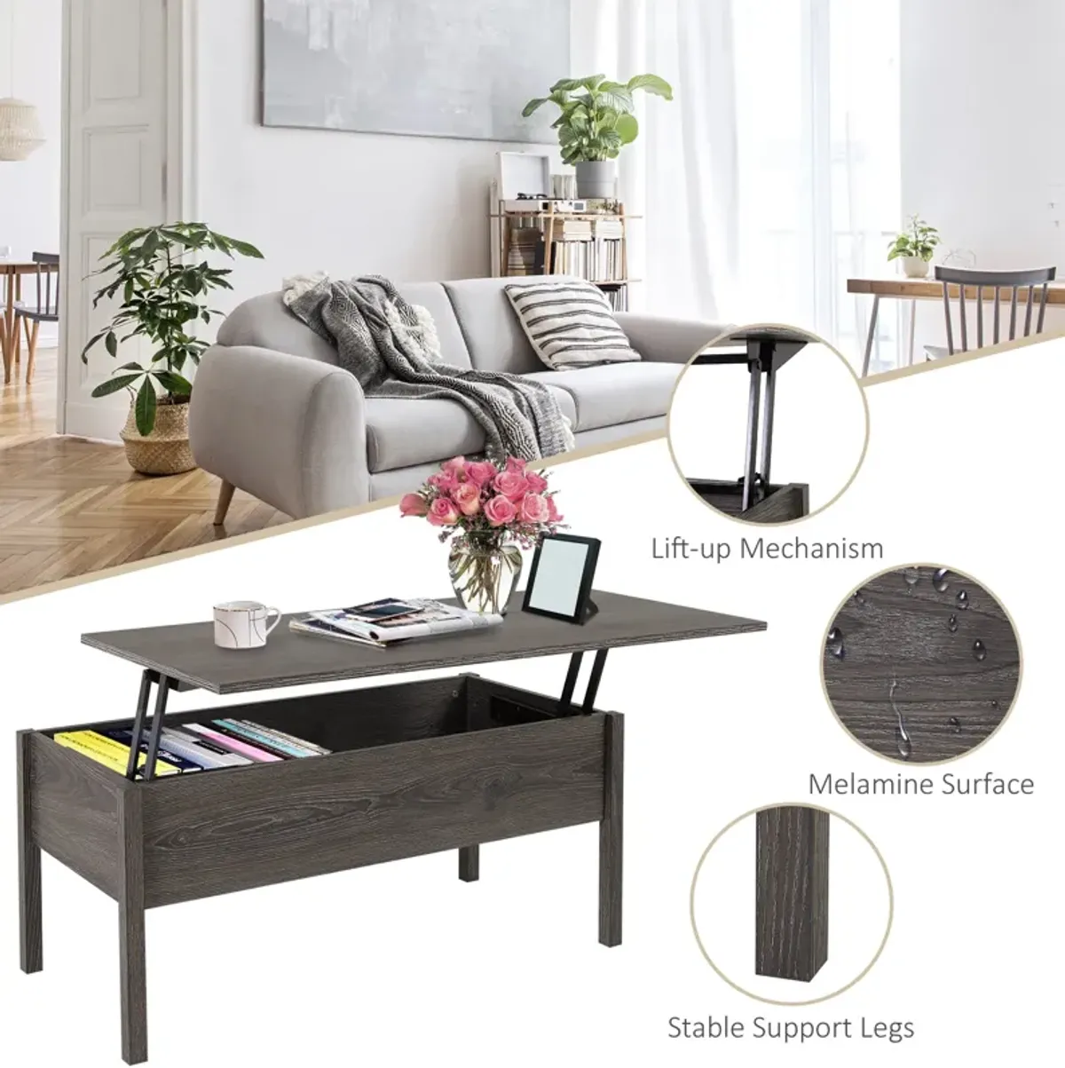 Chic Storage Surface: Light Grey Woodgrain Lift Top Coffee Table