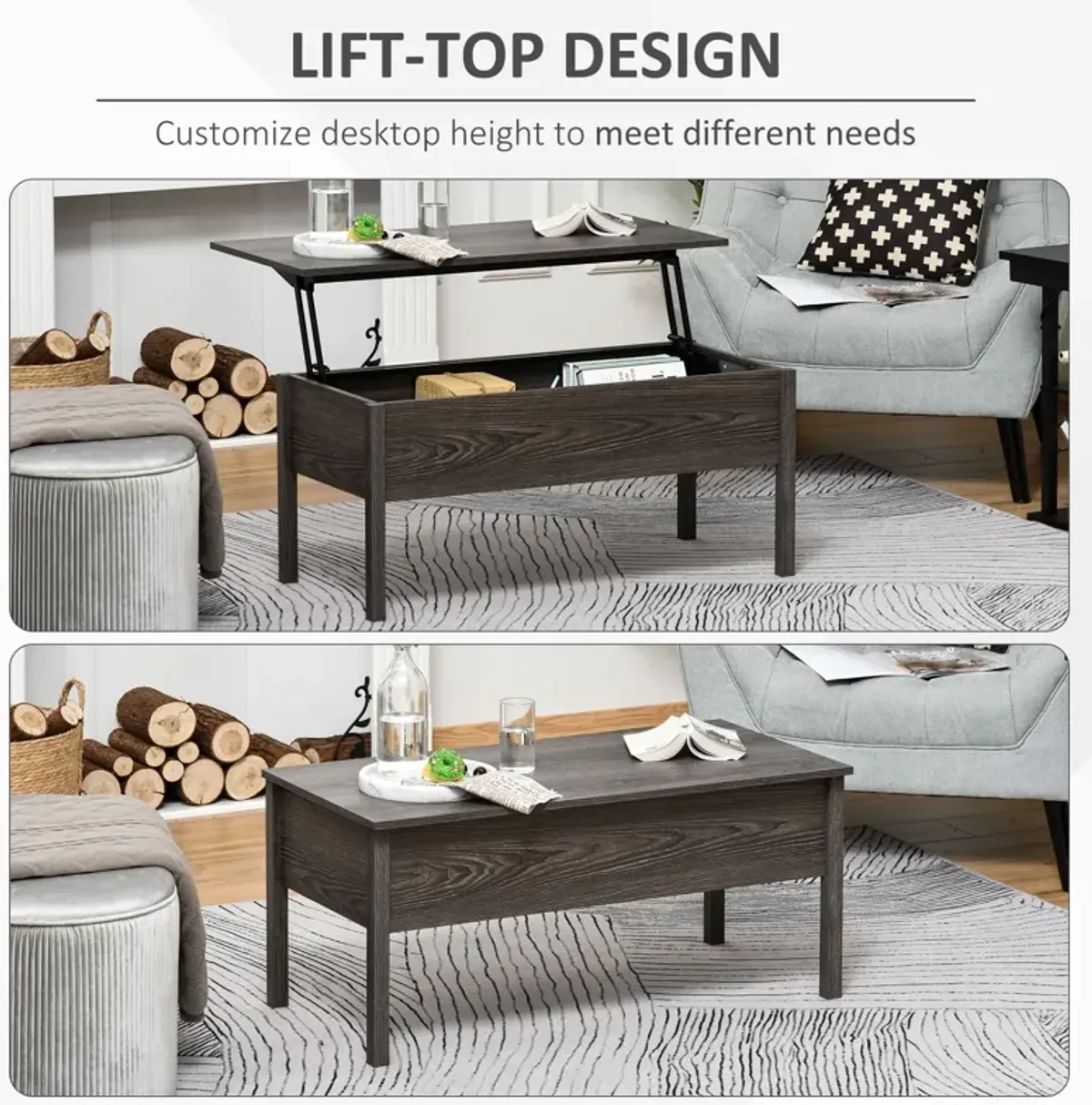 Chic Storage Surface: Light Grey Woodgrain Lift Top Coffee Table