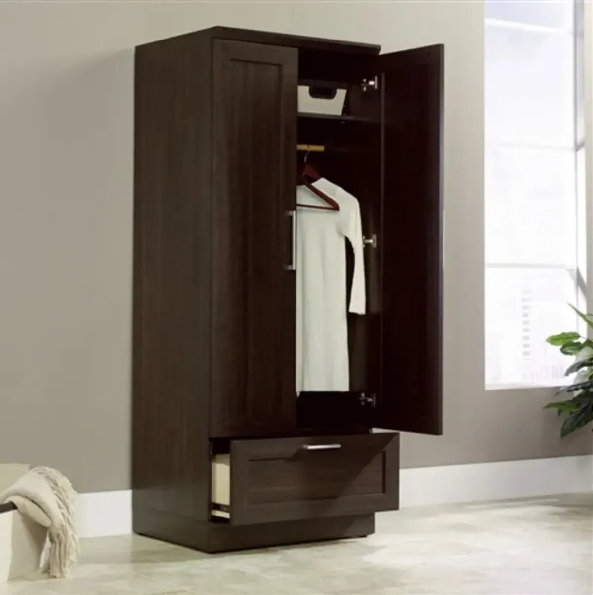 Hivvago Bedroom Wardrobe Armoire Cabinet in Dark Brown Oak Wood Finish