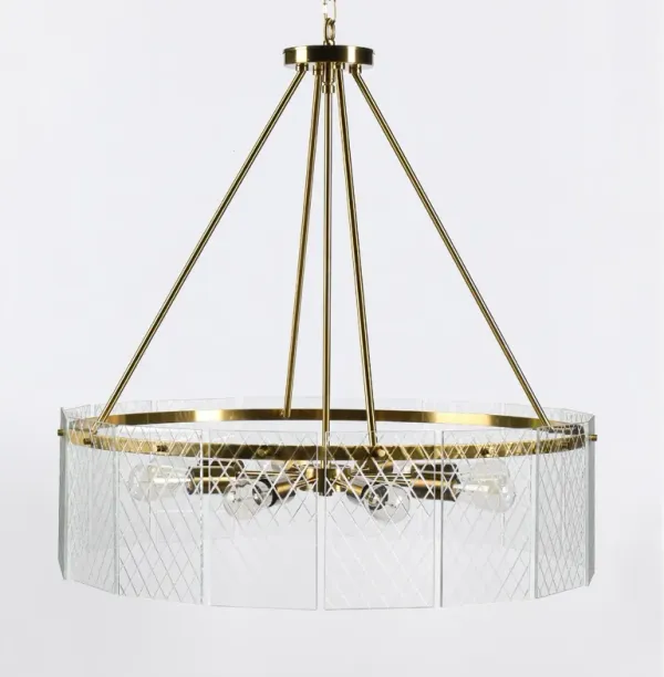 32 Inch Round 8 Light Chandelier, Diamond Lattice, Gold Iron, Clear Glass - Benzara