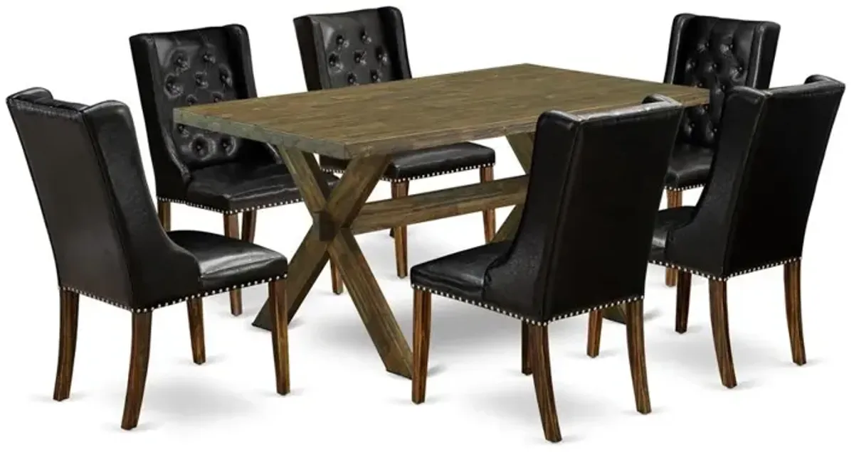 East West Furniture X776FO749-7 7 Piece Dining Room Set - 6 Black Pu Leather Dining Room Chair Button Tufted with Nail heads and Wood Table - Distressed Jacobean Finish
