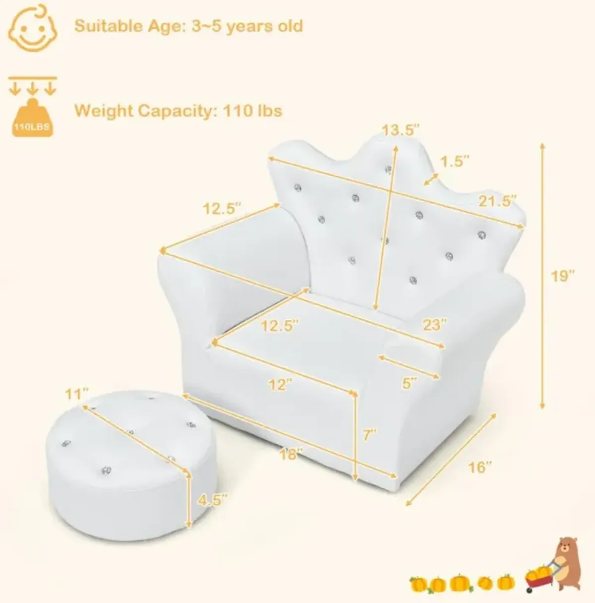 Hivvago  Children Upholstered Princess Sofa with Ottoman and Diamond Decoration for Boys and Girls