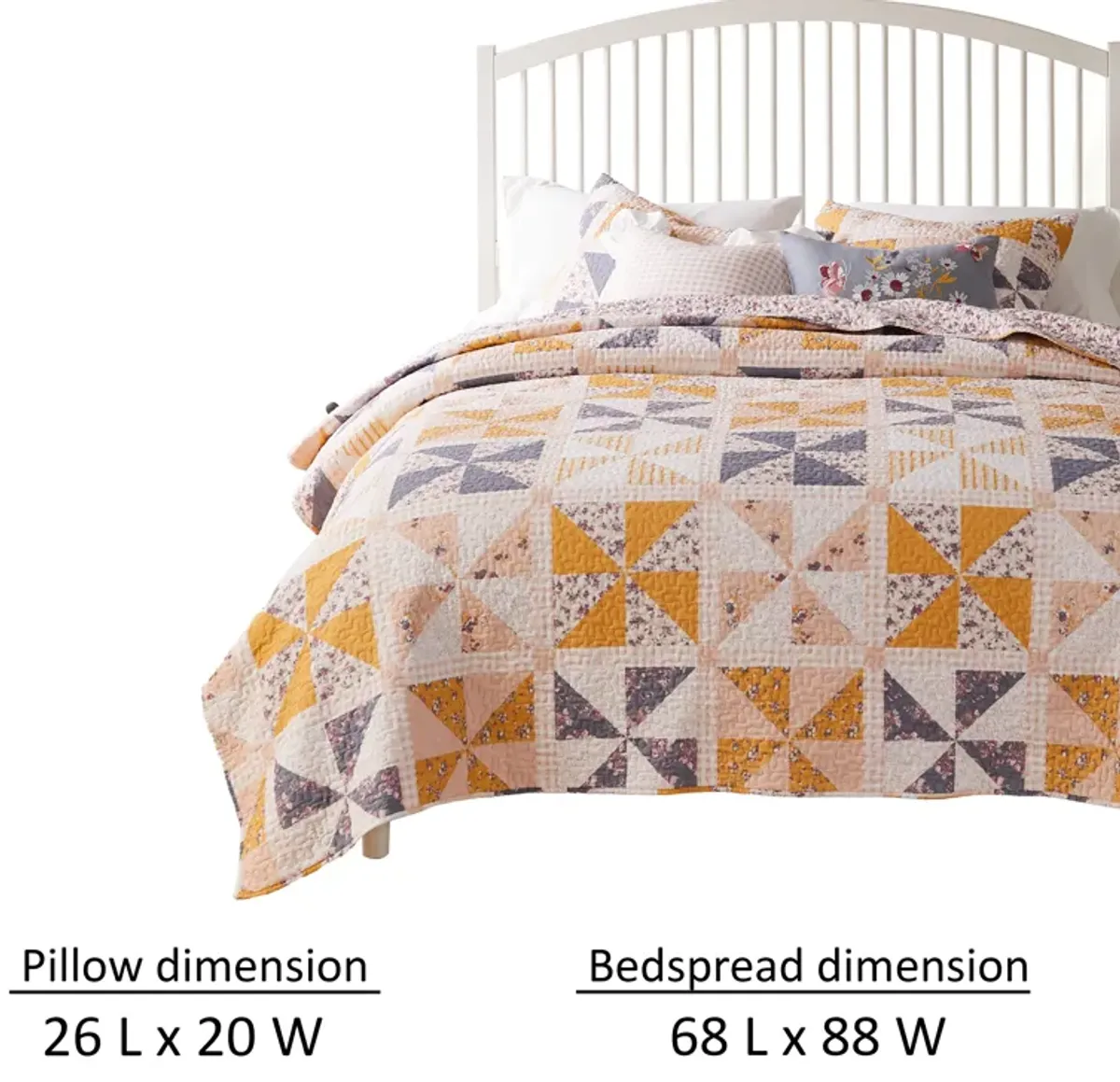 Jey 2pc XL Twin Quilt and Pillow Sham Set, Patchwork Pinwheel Print, Peach