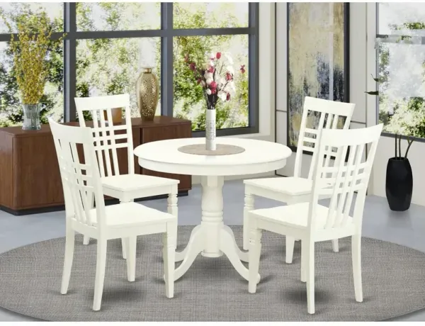5 Pc set with a Table and 4 Wood Kitchen Chairs with Linen White.