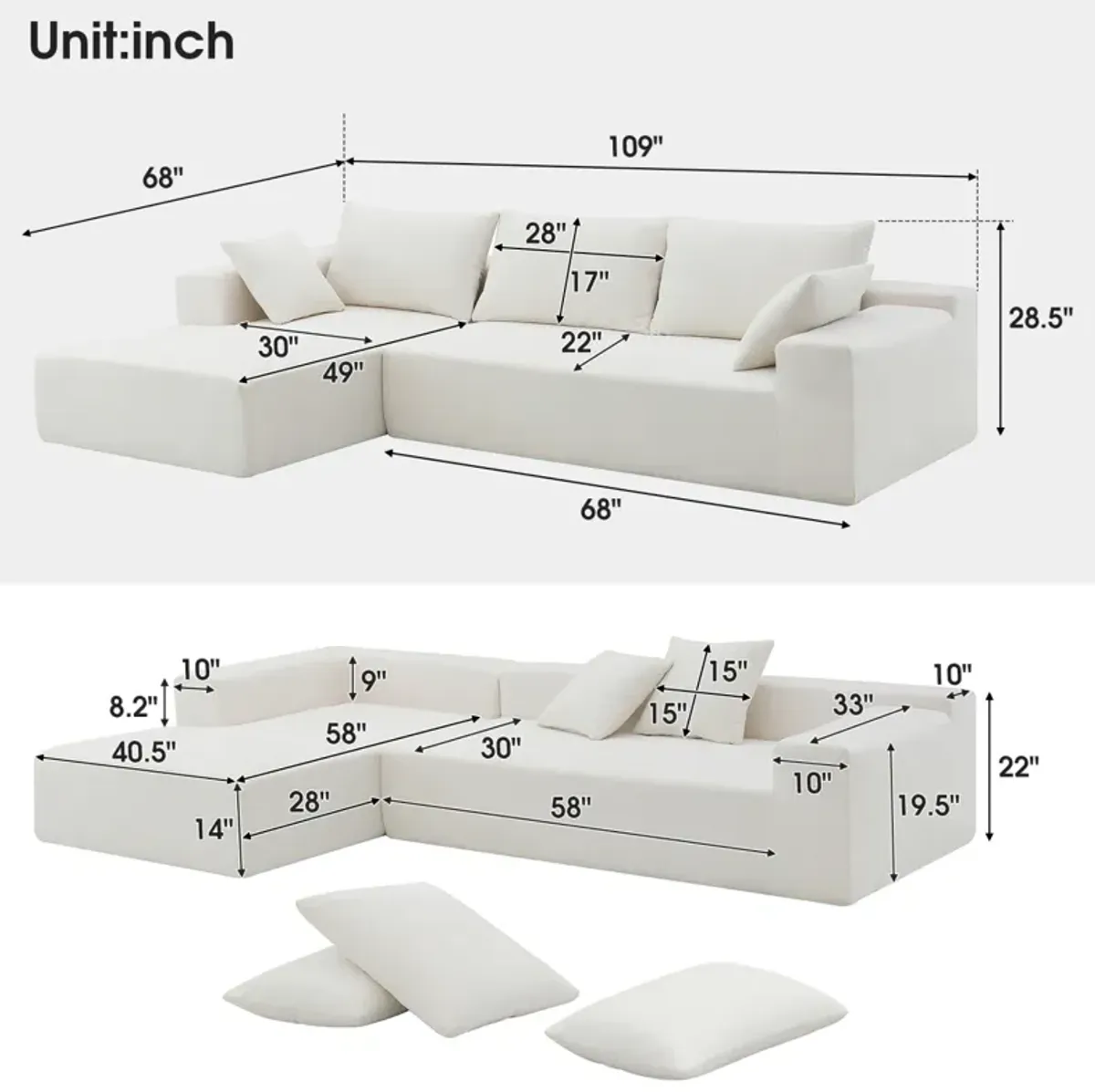 109x68 Modular Sectional Living Room Sofa Set, Modern Minimalist Style Couch