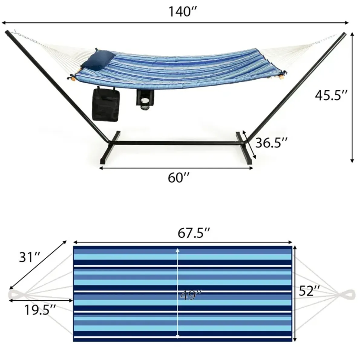 Hammock Chair Stand Set Cotton Swing with Pillow Cup Holder Indoor Outdoor