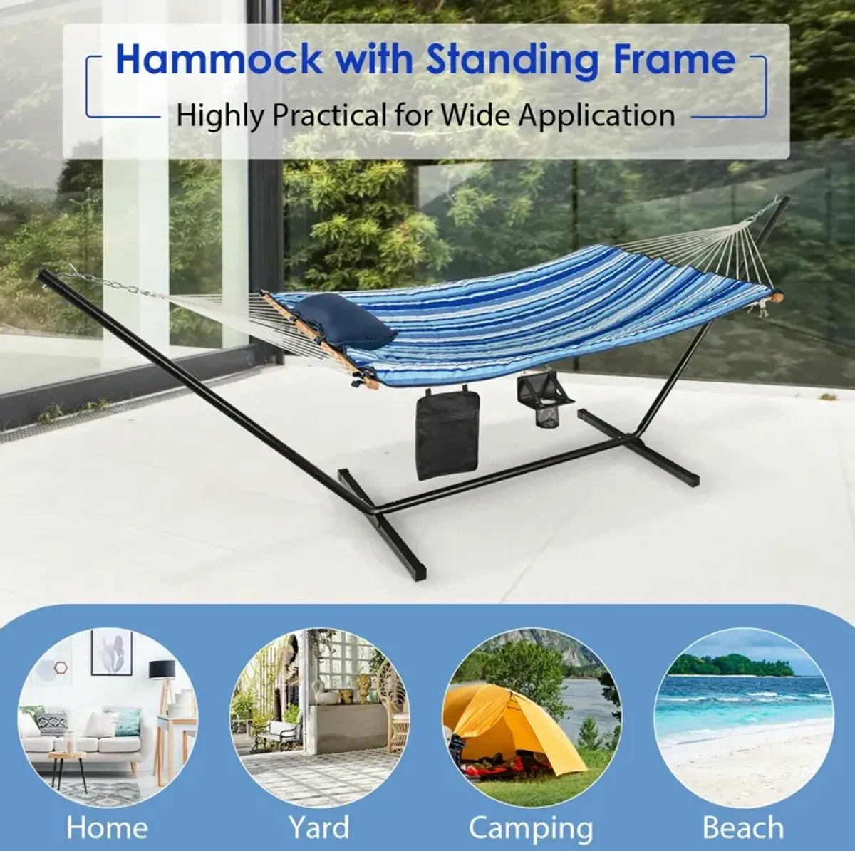 Hammock Chair Stand Set Cotton Swing with Pillow Cup Holder Indoor Outdoor