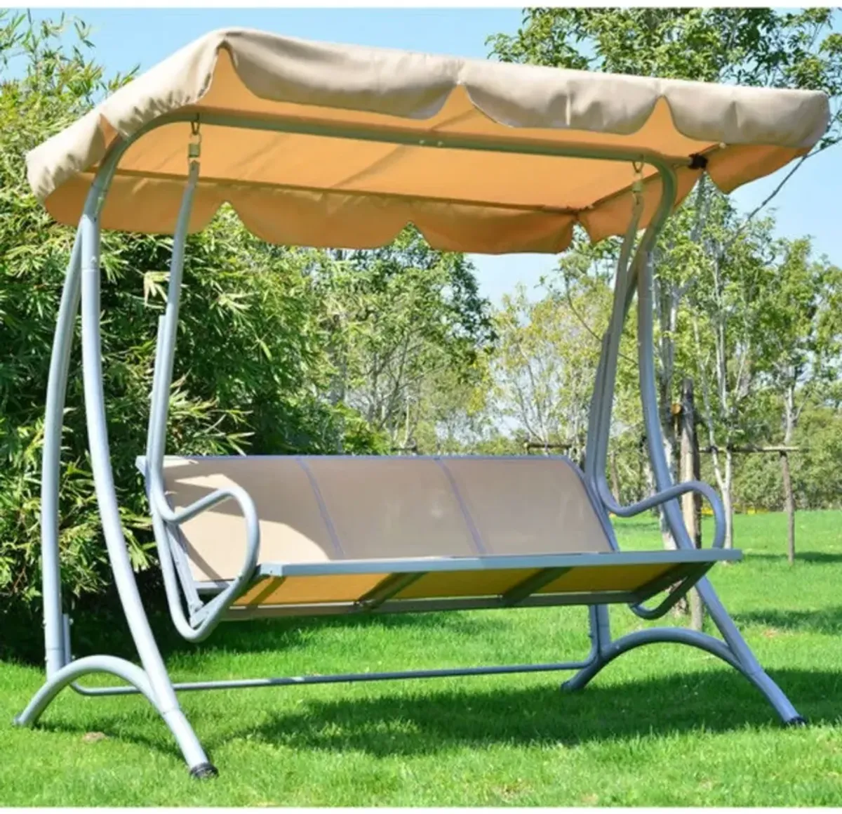 Hivvago Sturdy 3-Person Outdoor Patio Porch Canopy Swing in Sand Color