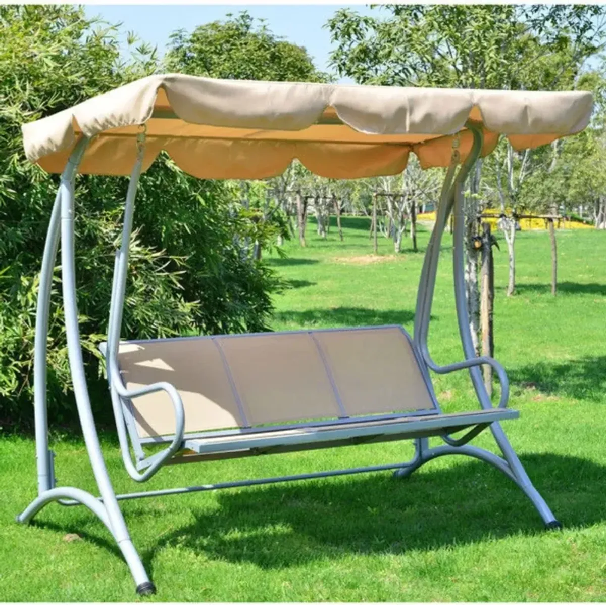 Hivvago Sturdy 3-Person Outdoor Patio Porch Canopy Swing in Sand Color