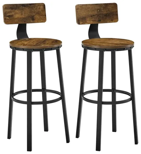 Hivvago Set of 2 Industrial Brown Bar Stools with Backrests