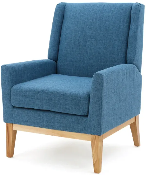 Accent Club Chair, Smooth Textured Design Blue Microfiber, Brown Wood - Benzara