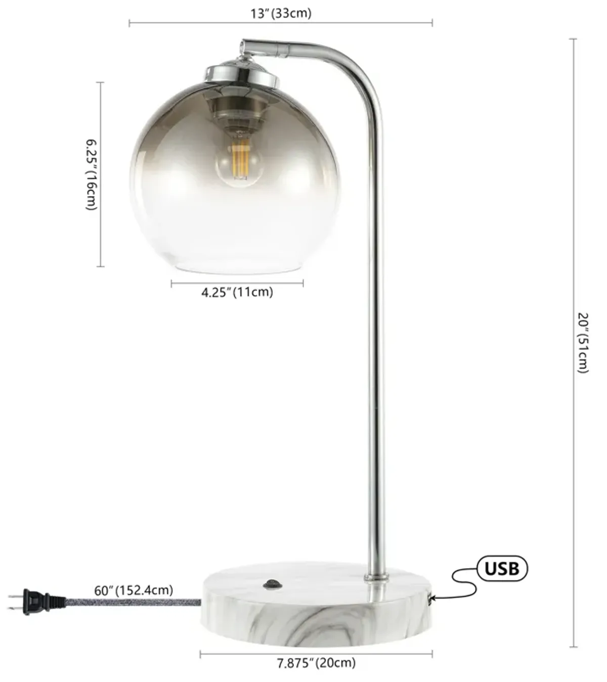 Ada Industrial Contemporary Iron/Glass LED Task Lamp with USB Charging Port