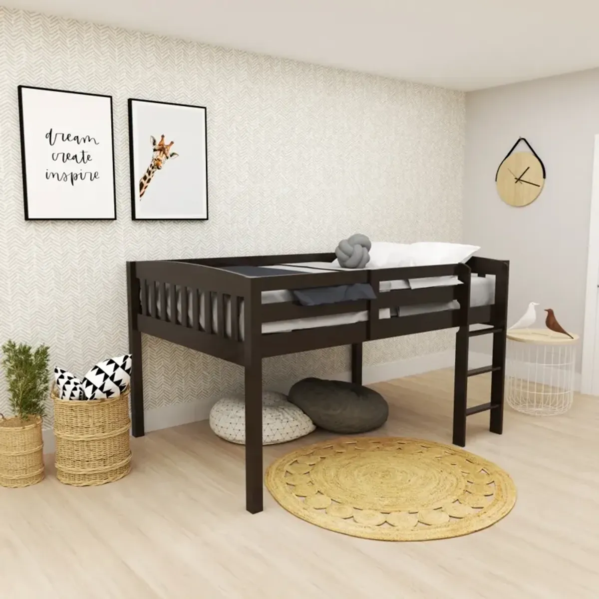 Cappuccino Low Loft Bed with Storage for Kids