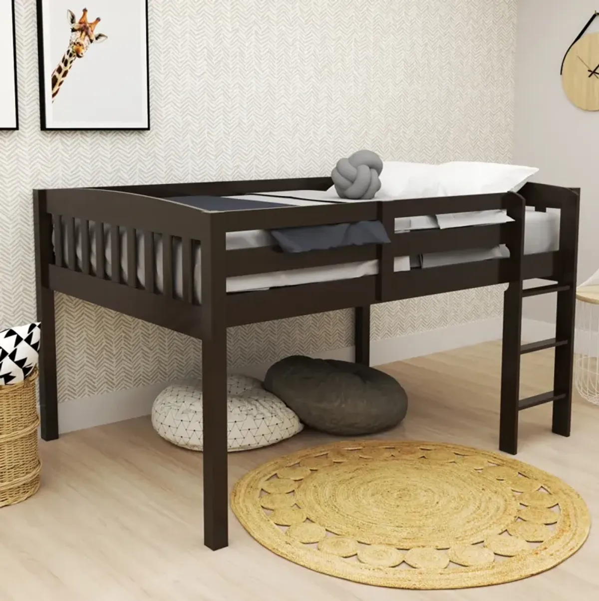 Cappuccino Low Loft Bed with Storage for Kids