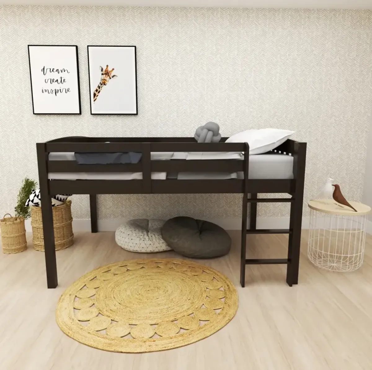 Cappuccino Low Loft Bed with Storage for Kids