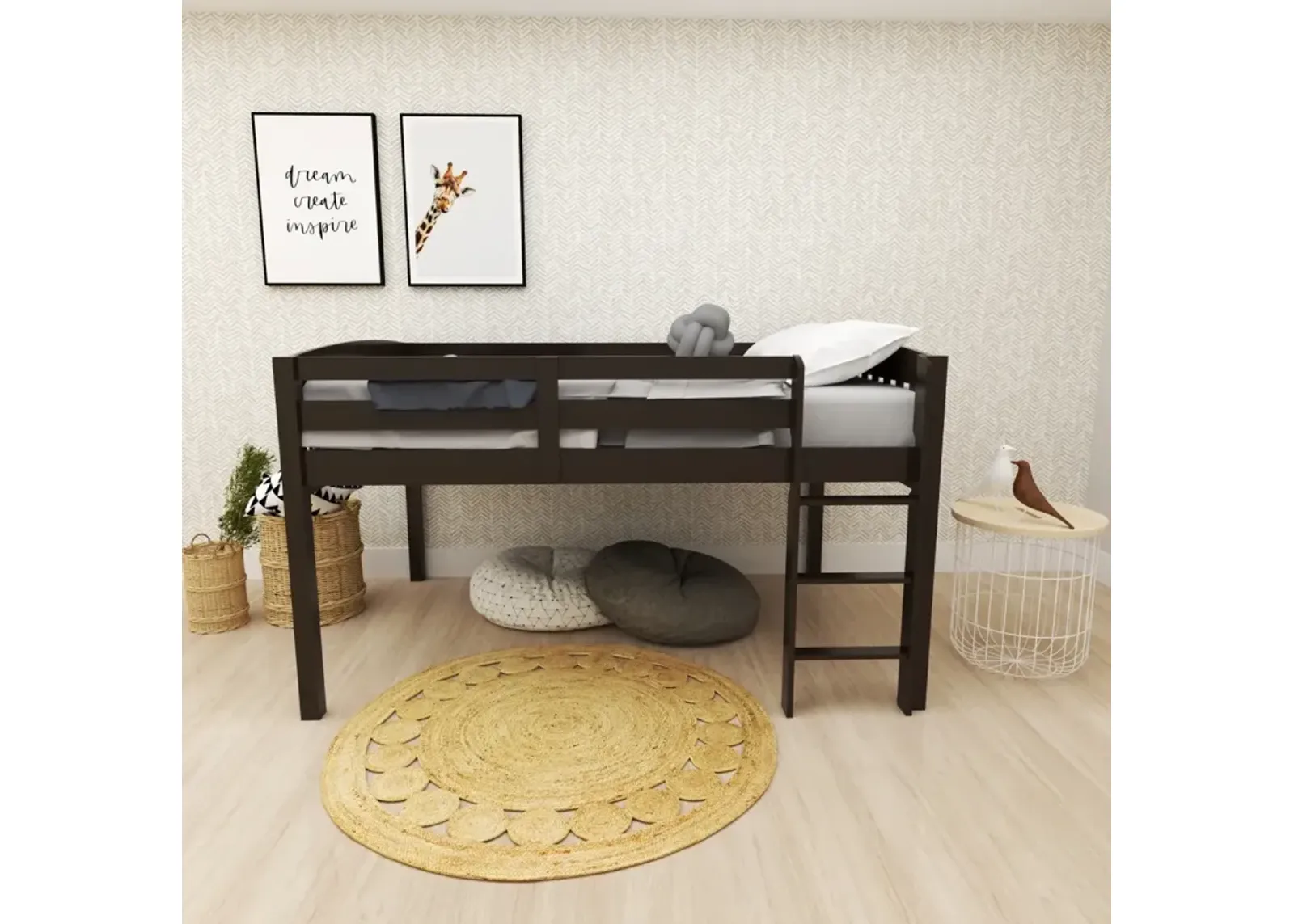 Cappuccino Low Loft Bed with Storage for Kids