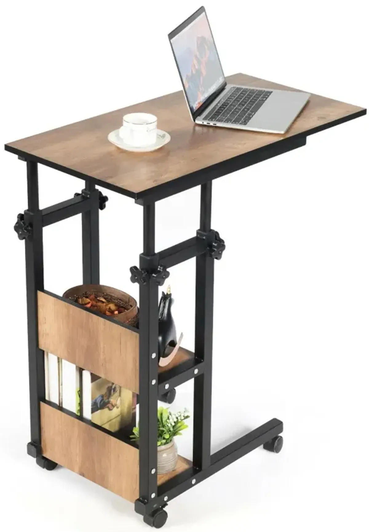 C-Shape Mobile Snack End Table with Storage Shelves