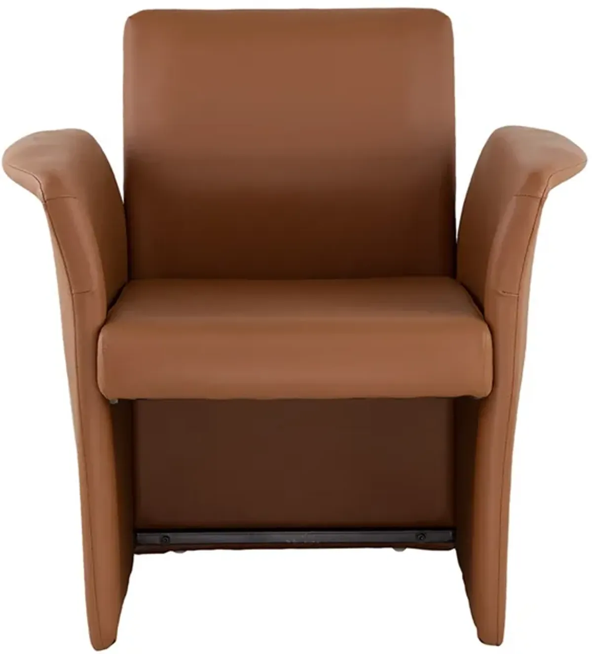 32 Inch Accent Chair, Curved, Extended Back, Caramel Brown Faux Leather - Benzara