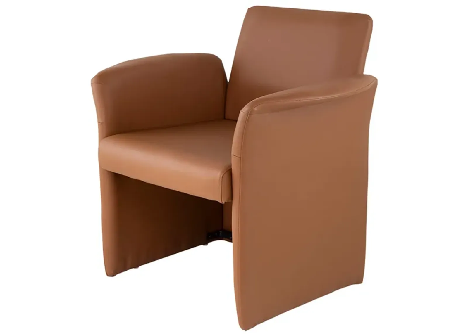 32 Inch Accent Chair, Curved, Extended Back, Caramel Brown Faux Leather - Benzara