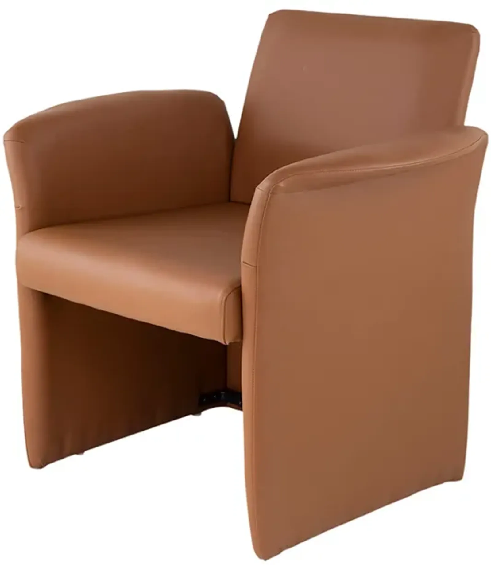 32 Inch Accent Chair, Curved, Extended Back, Caramel Brown Faux Leather - Benzara