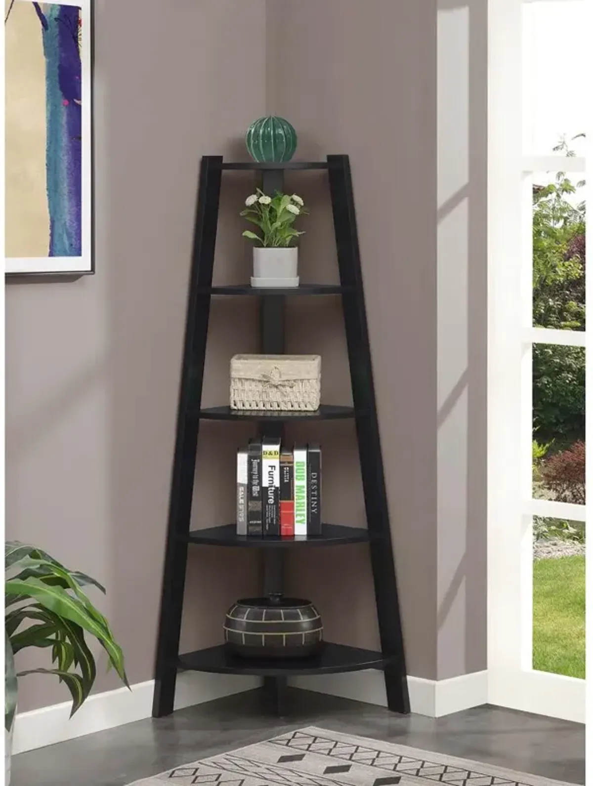 Convenience Concepts Newport 5 Tier Wide Corner Bookcase, Black