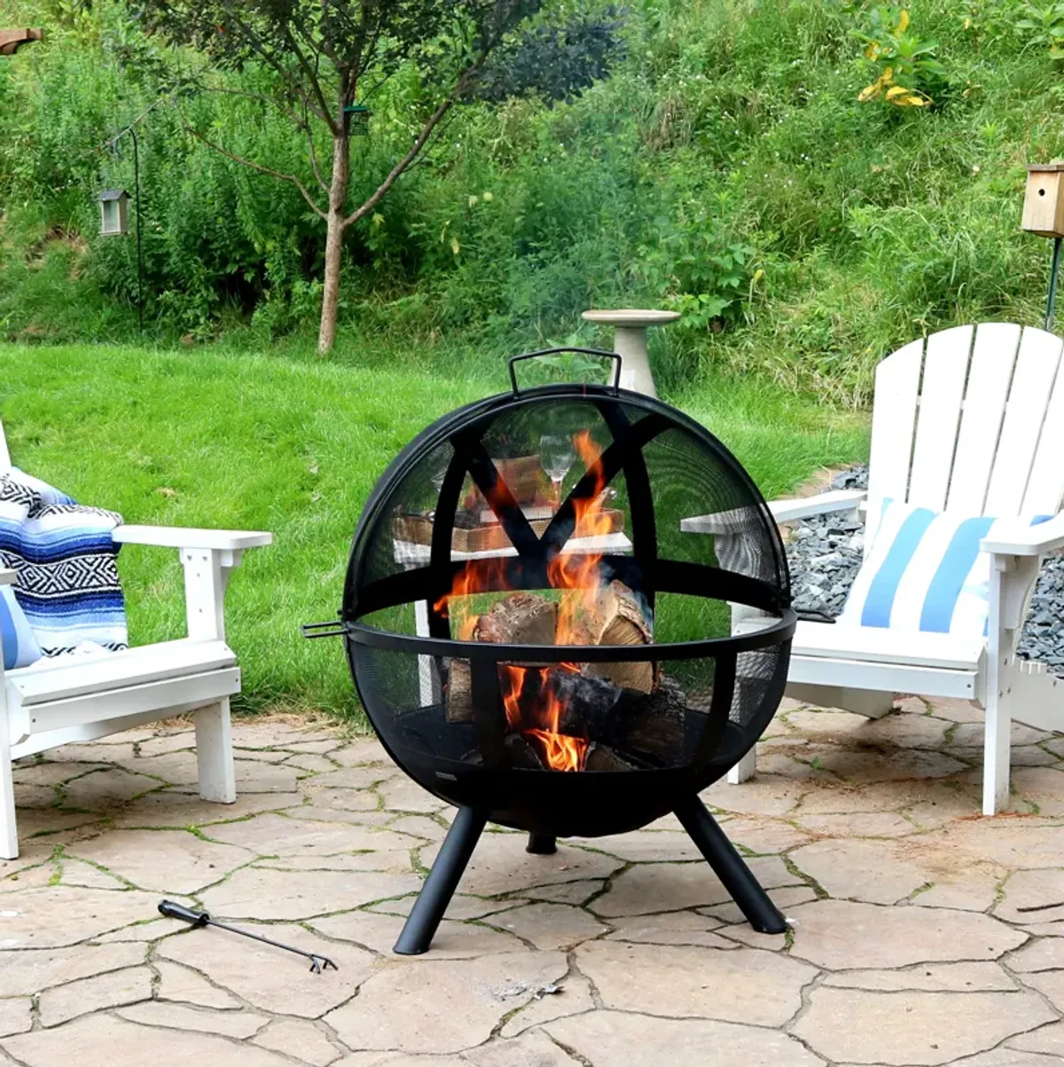 Sunnydaze Flaming Ball Wood-Burning Fire Pit with Poker - 30 in - Black