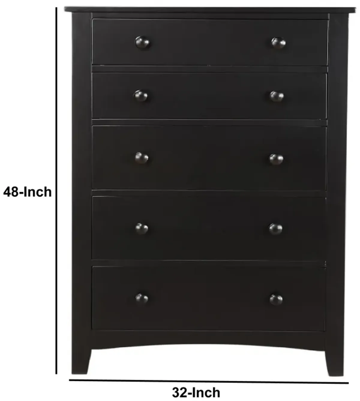 Pine Wood With Varied Size 5 Drawer Chest, Black-Benzara