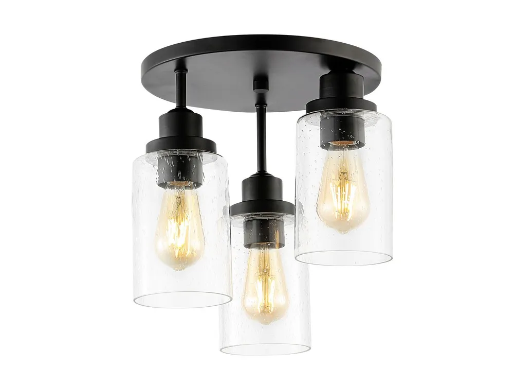 Jonah 12" 3-Light Bohemian Farmhouse Iron/Seeded Glass LED Semi Flush Mount, Black/Clear