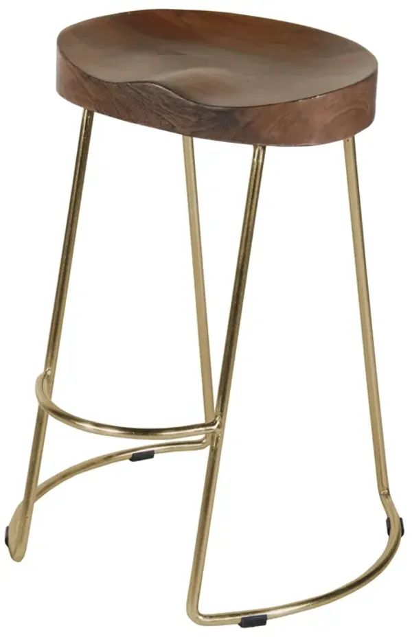 Ela 30 Inch Bar Stool with Mango Wood Saddle Seat, Iron Frame, Brown and Gold-Benzara