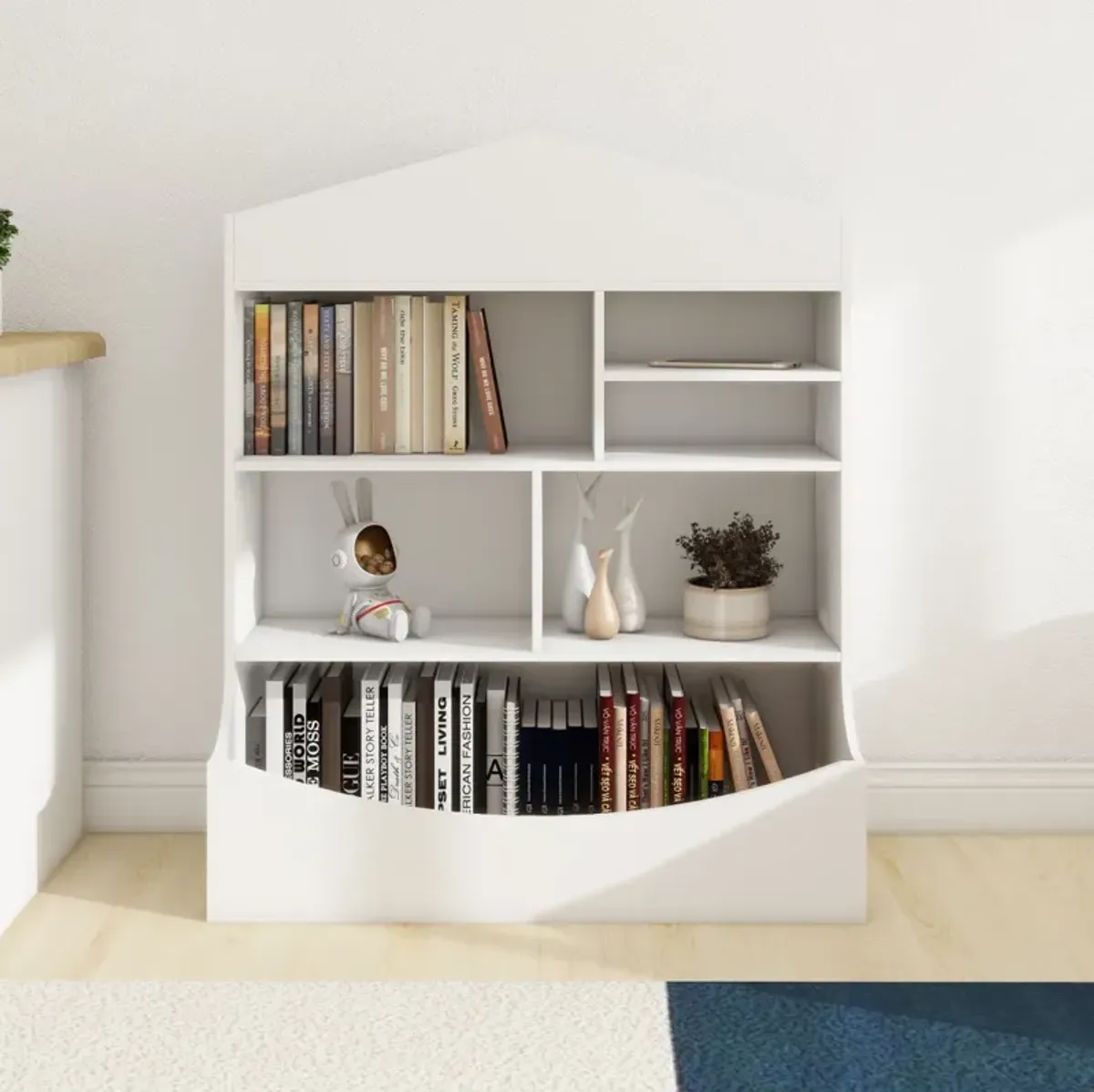 Multi-Functional Children's Bookcase in White, 7 Shelf Display Organizer