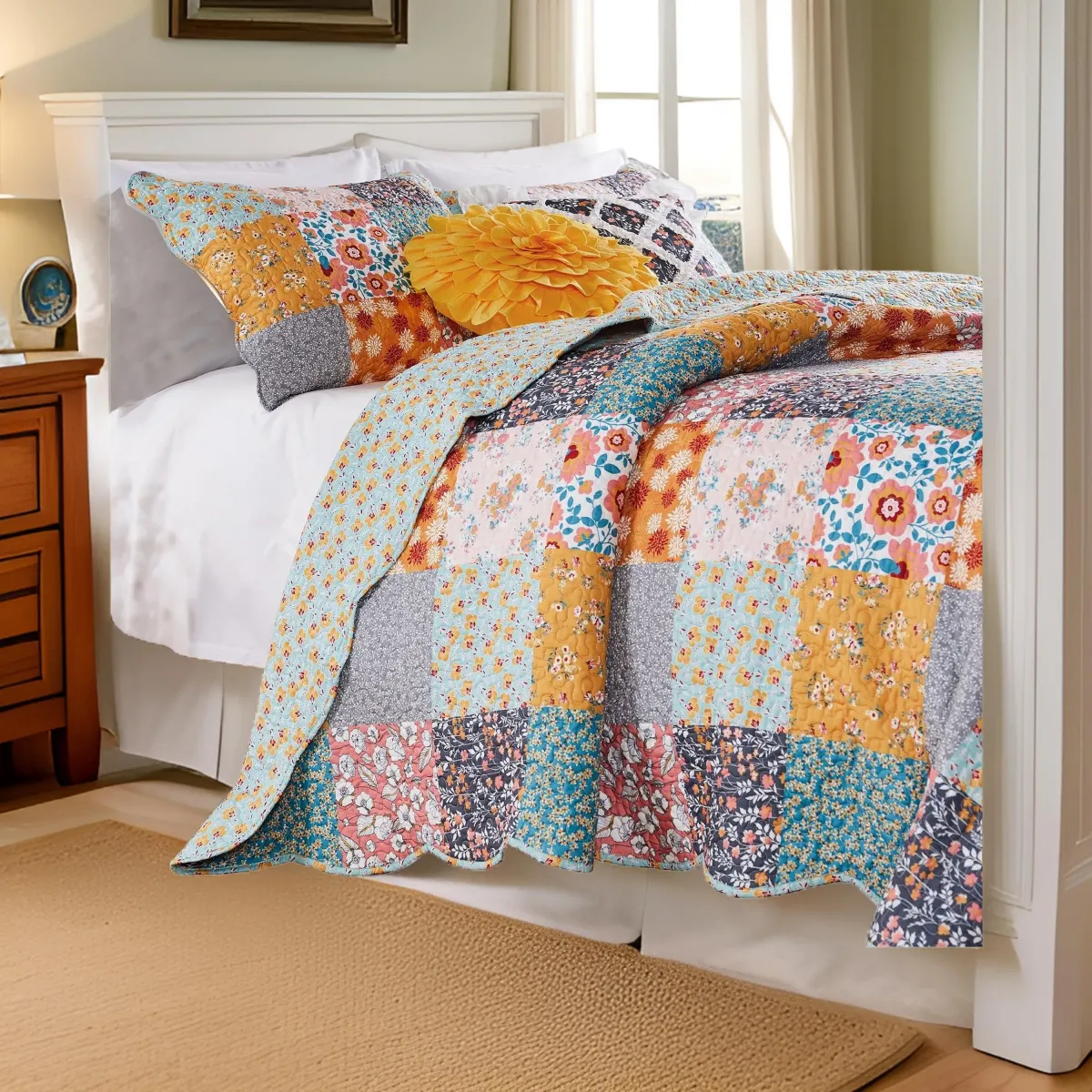 3 Piece King Quilt Set with Floral Print, Multicolor - Benzara