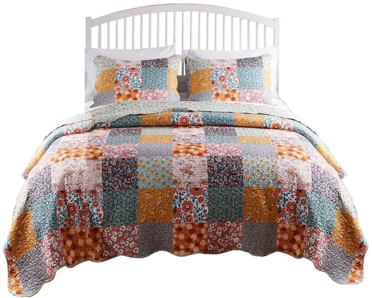 3 Piece King Quilt Set with Floral Print, Multicolor - Benzara