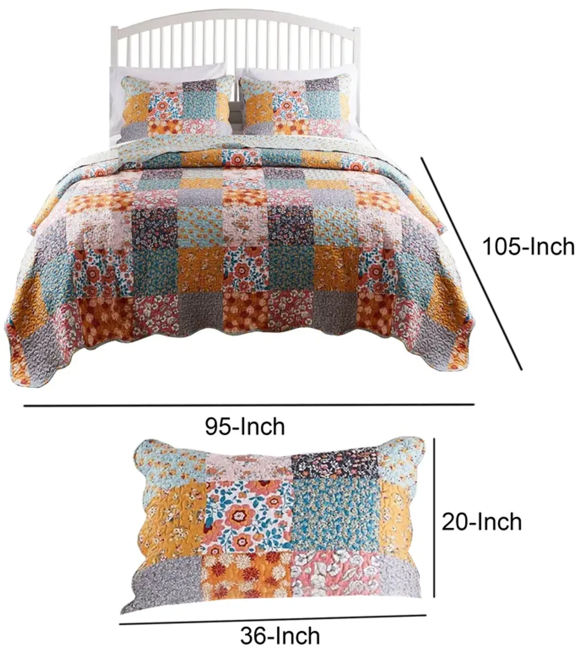 3 Piece King Quilt Set with Floral Print, Multicolor - Benzara