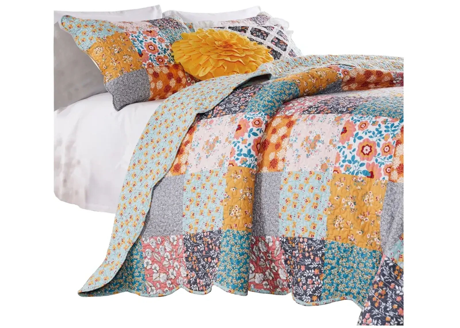 3 Piece King Quilt Set with Floral Print, Multicolor - Benzara