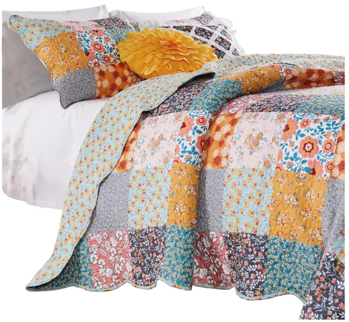 3 Piece King Quilt Set with Floral Print, Multicolor - Benzara