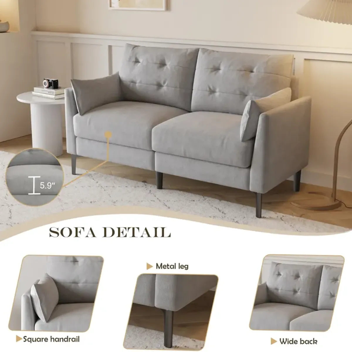 57.5" Cotton Light Grey Double Sofa Metal Feet Plastic Feet Thick Cushion With Two Armrests