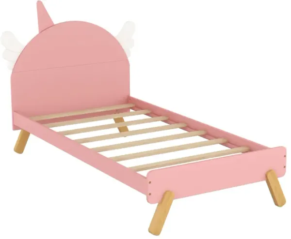 Wooden Cute Bed With Unicorn Shape Headboard, Twin Size Platform Bed