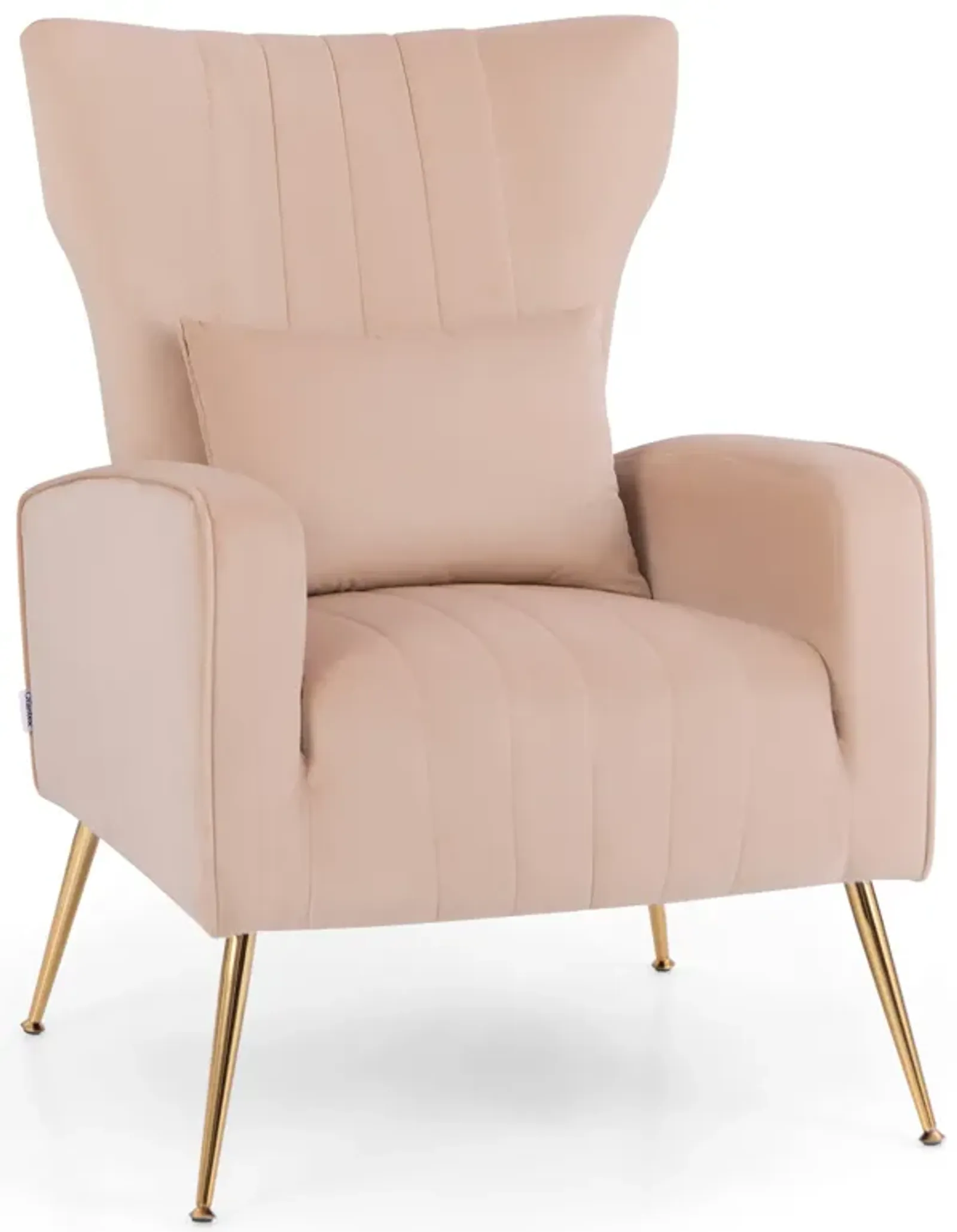 Velvet Upholstered Wingback Chair with Lumbar Pillow and Golden Metal Legs