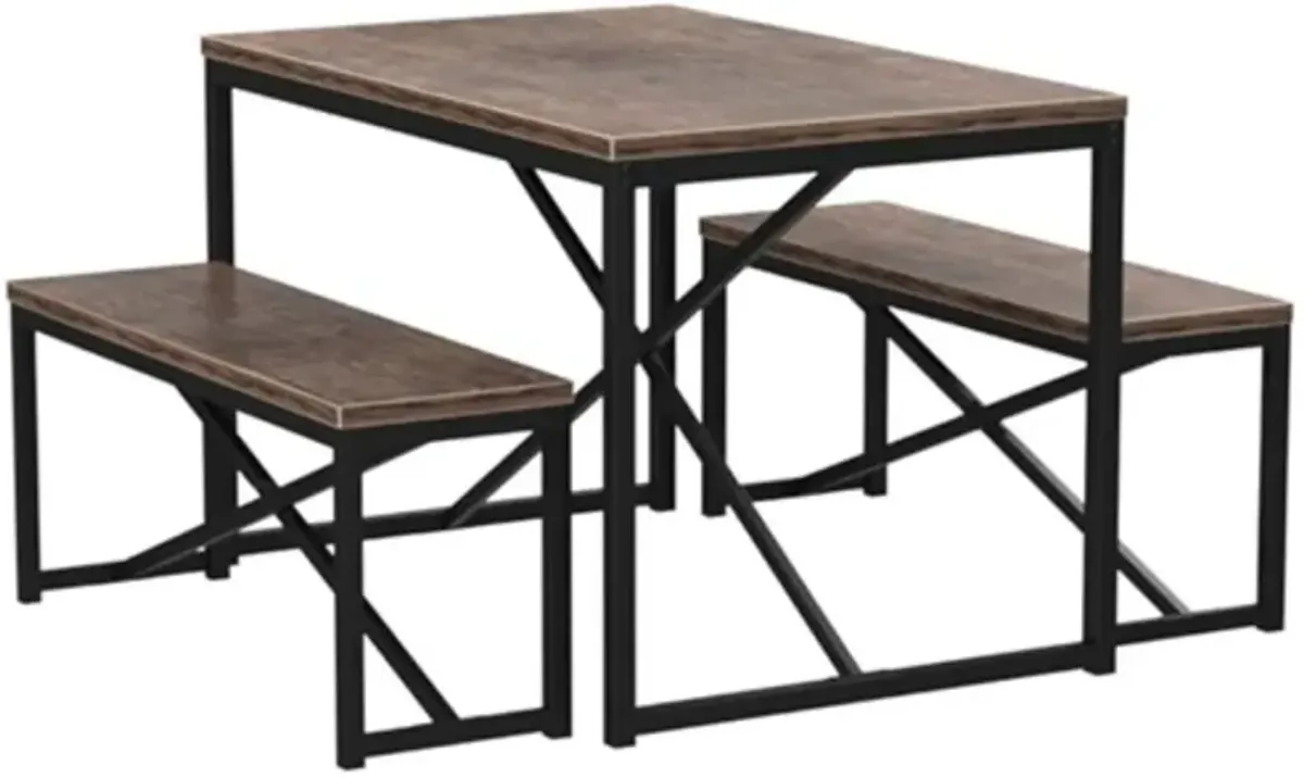 Hivvago Modern 3 Piece Dining Set with Wood Top Metal Frame Table and 2 Bench Chairs