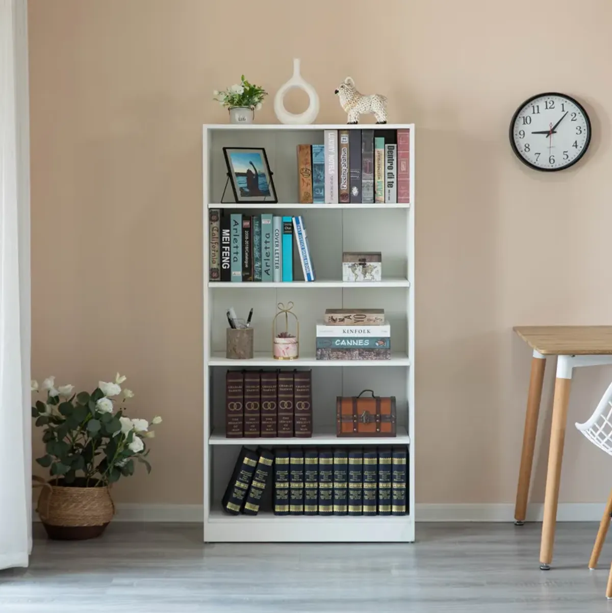 Freestanding Classic Wooden Display Bookshelf, Floor Standing Bookcase, with 5 Open Display Shelves, White