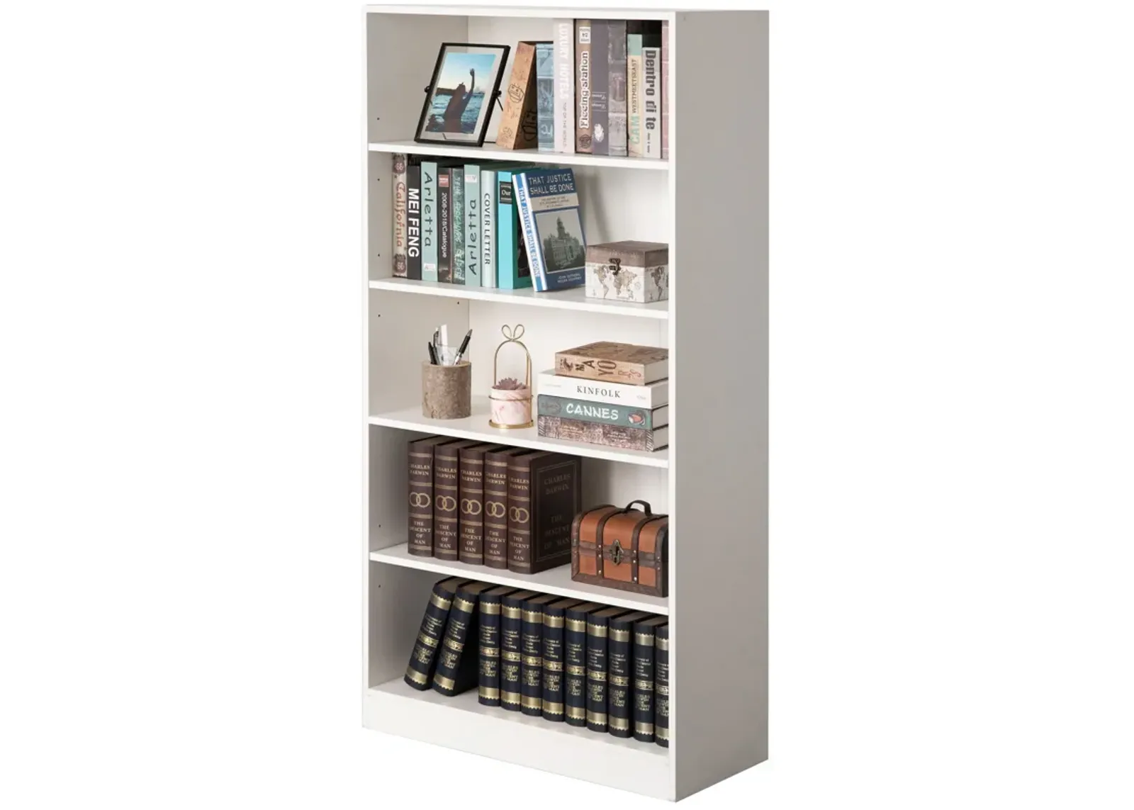 Freestanding Classic Wooden Display Bookshelf, Floor Standing Bookcase, with 5 Open Display Shelves, White