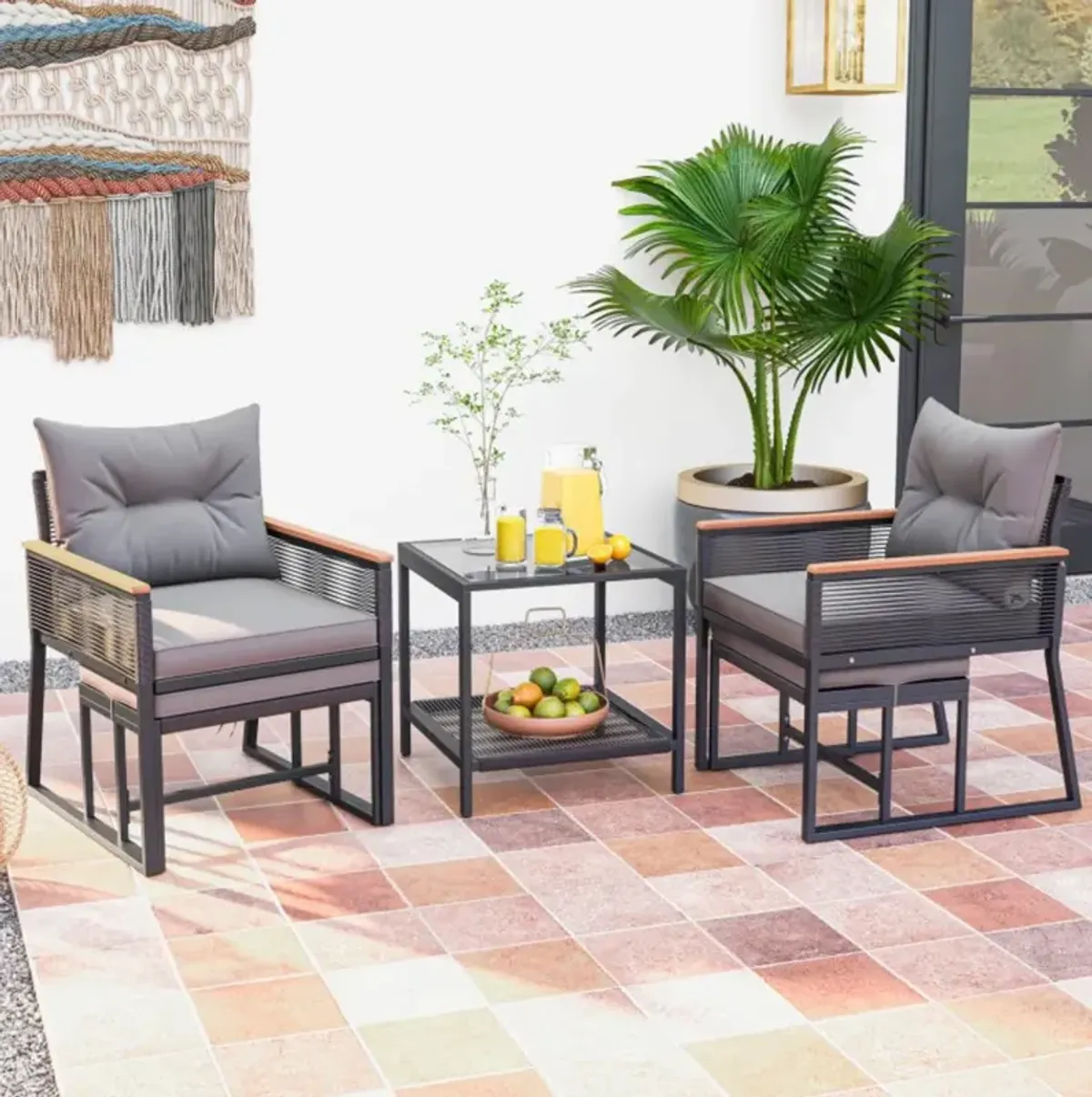 Hivvago 5 Piece Outdoor Rattan Conversation Set with 2-Layer Side Table and 2 Ottomans