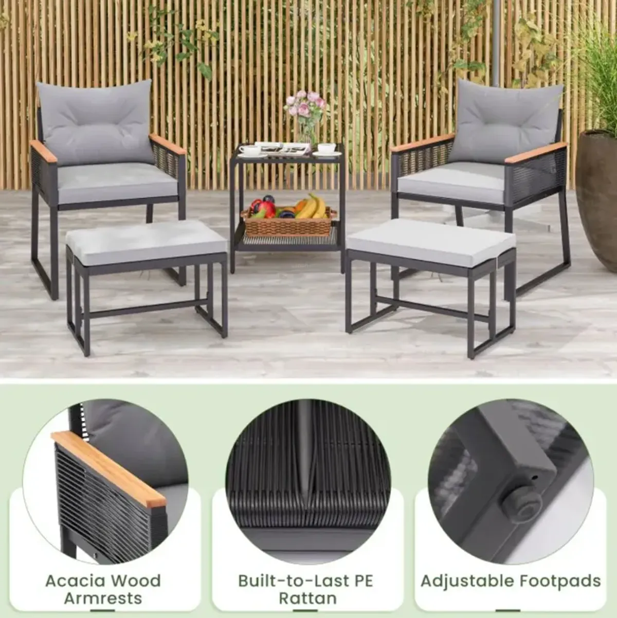 Hivvago 5 Piece Outdoor Rattan Conversation Set with 2-Layer Side Table and 2 Ottomans